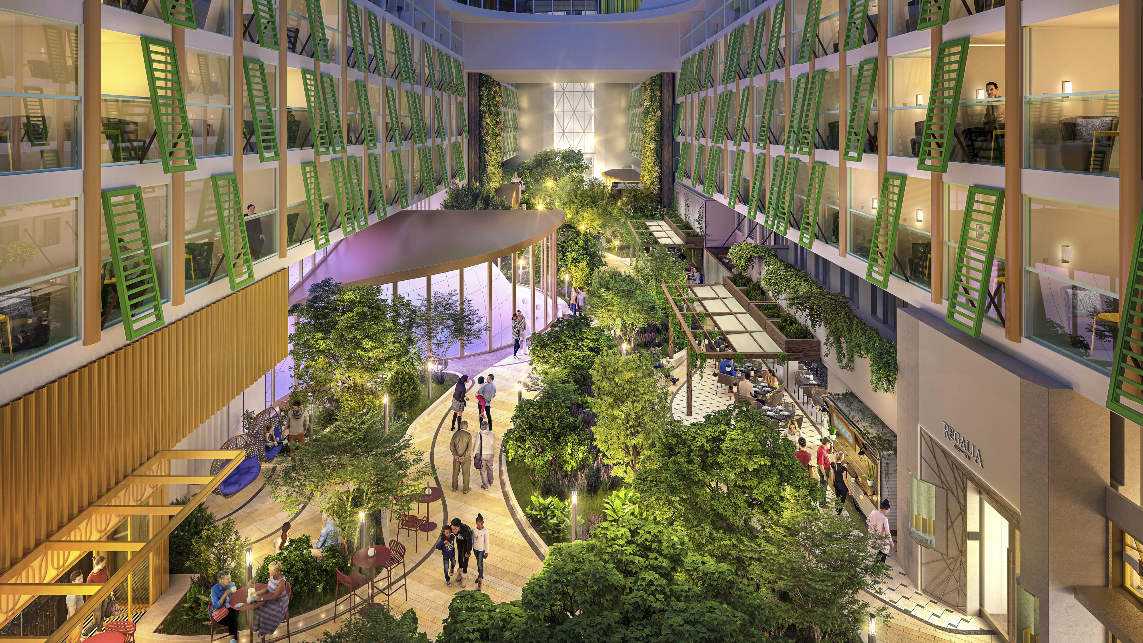 Het schip heeft een eigen groen gedeelte, met duizenden echte planten, eetgelegenheden en livemuziek