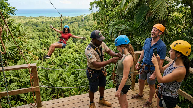 Groep toeristen op een zipline-platform midden in een tropisch regenwoud, met uitzicht op de zee. Een instructeur helpt een deelnemer met haar harnas, terwijl een andere deelnemer lachend op de zipline zweeft. Iedereen draagt helmen en veiligheidsuitrusting.
