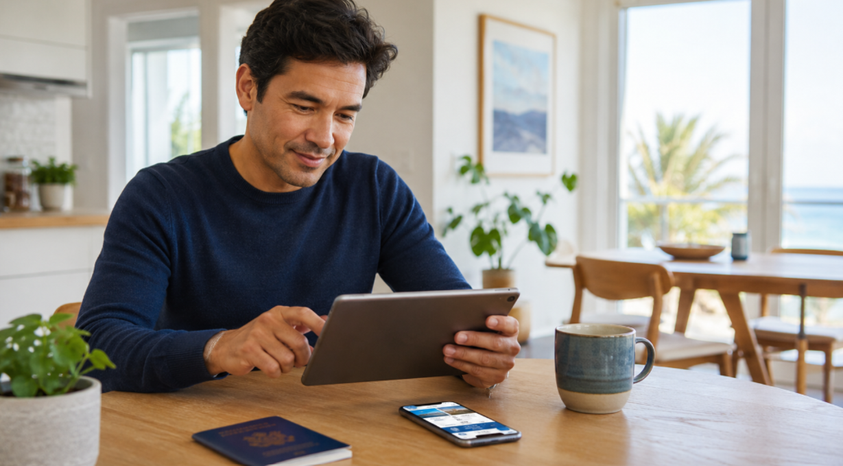 Reiziger rondt de online check-in voor de cruise af op een tablet aan een lichte tafel