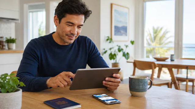 Reiziger rondt de online check-in voor de cruise af op een tablet aan een lichte tafel