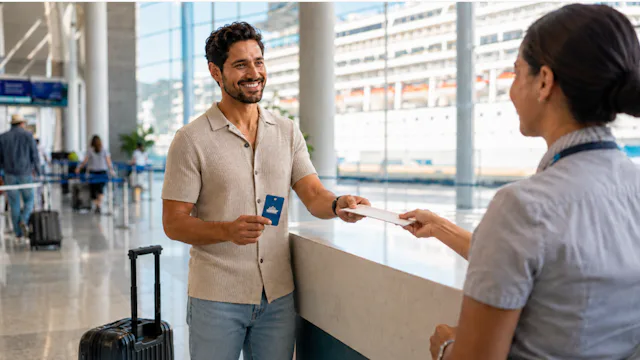 Reiziger checkt in bij de cruiseterminal en laat de cruisepas zien tijdens de inscheping