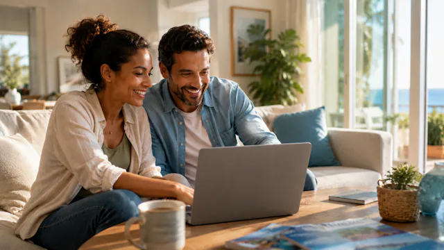 Een glimlachend stel zit samen op een lichte bank in een zonnige woonkamer en bekijkt een laptop op de salontafel terwijl ze hun reis plannen.