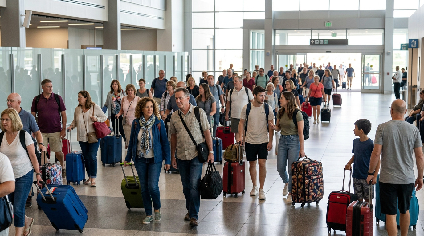 Grote groep reizigers met koffers en reistassen loopt door een lichte, moderne cruiseterminal tijdens de ontscheping.