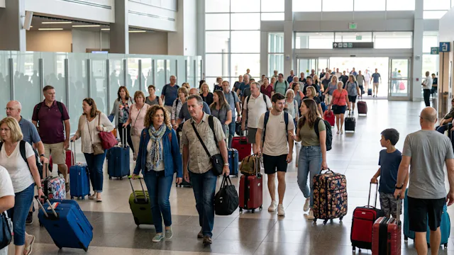 Grote groep reizigers met koffers en reistassen loopt door een lichte, moderne cruiseterminal tijdens de ontscheping.