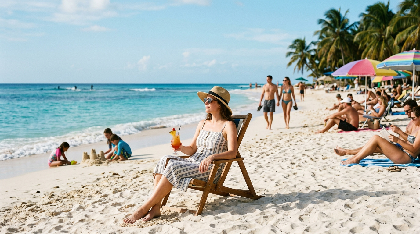 Vrouw in strandstoel met een cocktail geniet ontspannen van een tropisch strand met wit zand, turquoise water en palmbomen tijdens een dag aan wal.