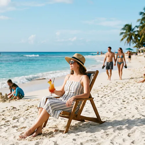 Vrouw in strandstoel met een cocktail geniet ontspannen van een tropisch strand met wit zand, turquoise water en palmbomen tijdens een dag aan wal.
