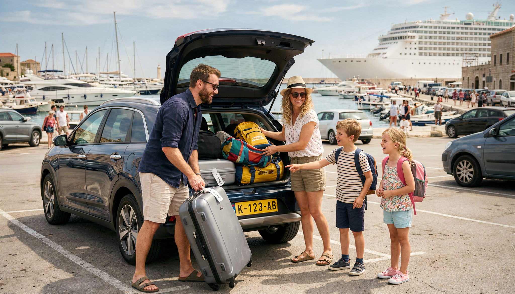 Gezin van vier personen heeft geparkeerd in de aankomsthaven en haalt de koffers uit hun auto om te beginnen aan hun cruisevakantie.