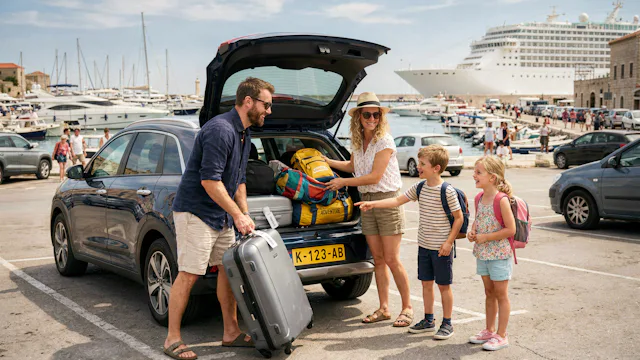 Gezin van vier personen heeft geparkeerd in de aankomsthaven en haalt de koffers uit hun auto om te beginnen aan hun cruisevakantie.