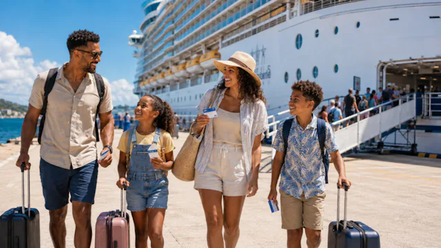 Gezin gaat aan boord van een groot cruiseschip met cruisepas en handbagage bij de inscheping
