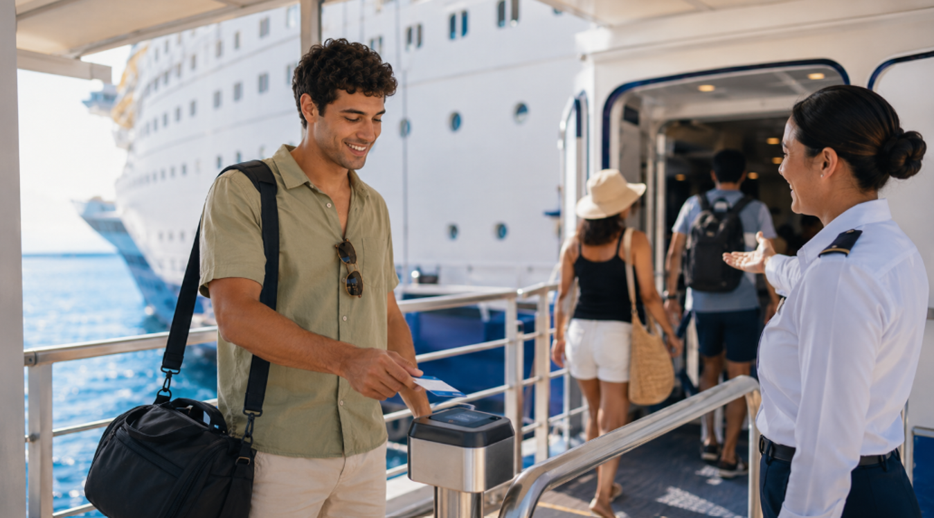 Reiziger scant de cruisepas met handbagage bij het inschepen aan boord van de cruise