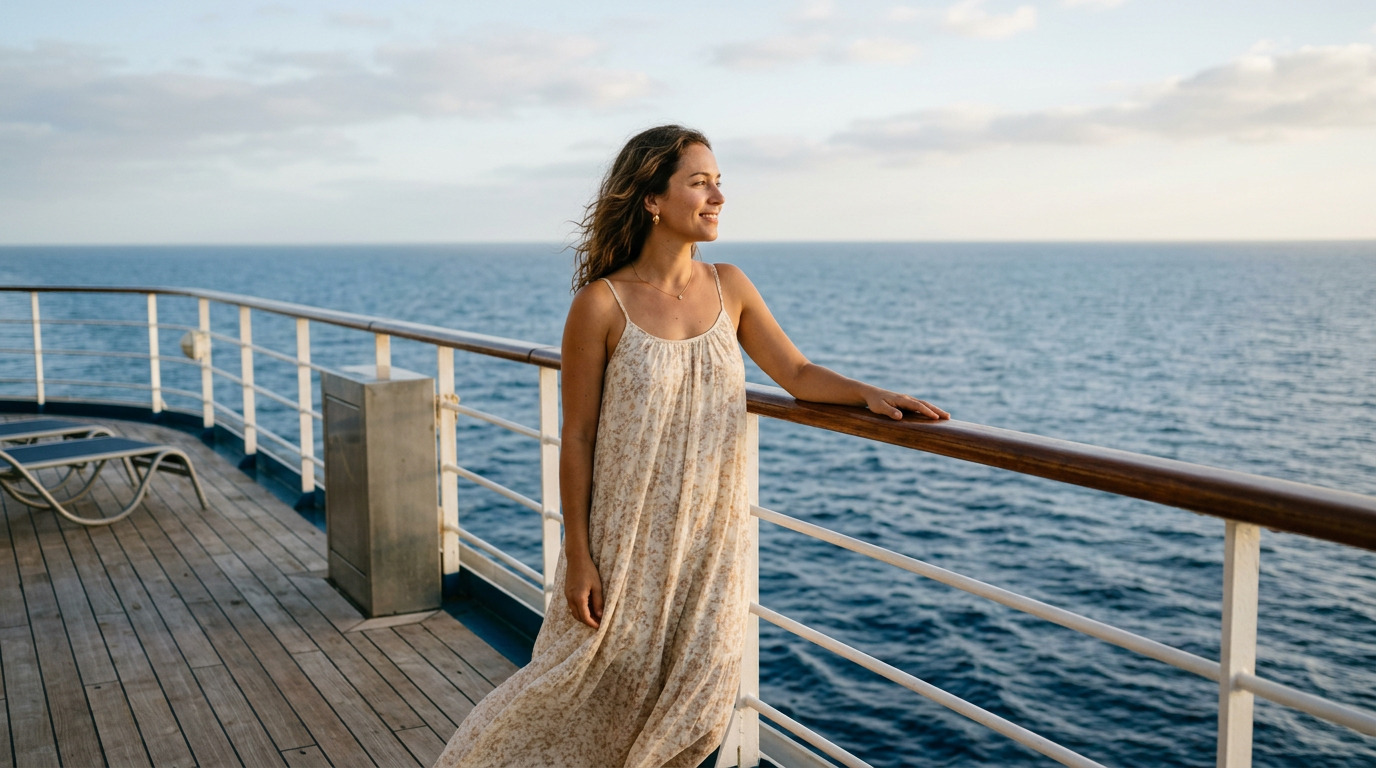 Vrouw in een zomerjurk staat op het dek van een cruiseschip te genieten van het uitzicht over de oceaan.