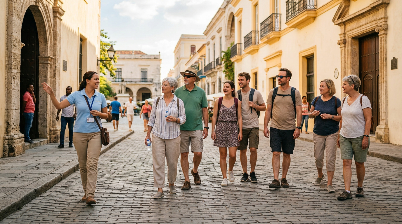 Reisgids leidt een kleine groep toeristen door de historische, keisteenstraatjes van een zonnige mediterrane stad tijdens een georganiseerde excursie.