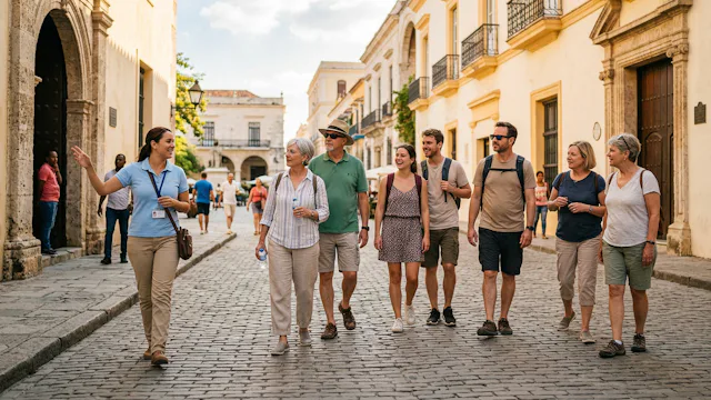 Reisgids leidt een kleine groep toeristen door de historische, keisteenstraatjes van een zonnige mediterrane stad tijdens een georganiseerde excursie.