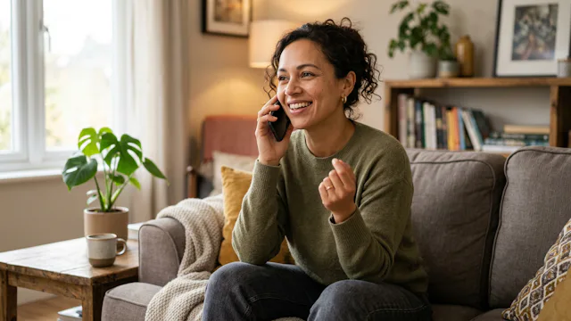 Vrouw zit lachend op de bank in haar woonkamer en telefoneert met een cruisemaatschappij.