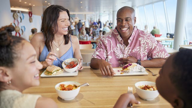 Family enjoying lunch at AquaDome Market onboard Icon of the Seas. Lunch, casual dining, relaxing