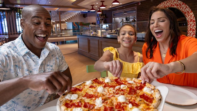 IC, Icon of the Seas, family having pizza at Giovanni's Wine Bar, Italian food, enjoyment, fun.