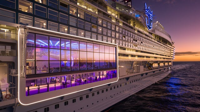 IC, Icon of the Seas, aerials, close-up of port side of ship at angle, view into Pearl Café, perspective, POV looking toward aft, sunset, evening, dusk, orange colors.