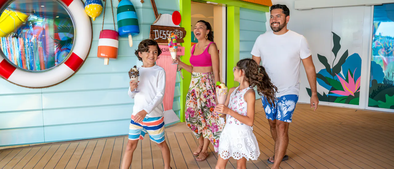 IC, Icon of the Seas, Family walking out of Desserted with tall milkshakes in hand, fun, sweets, treats, ice cream,