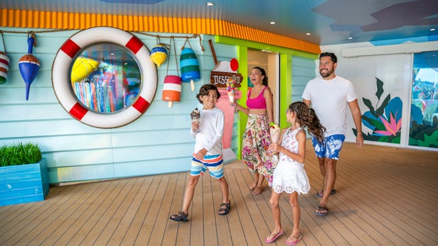 IC, Icon of the Seas, Family walking out of Desserted with tall milkshakes in hand, fun, sweets, treats, ice cream,