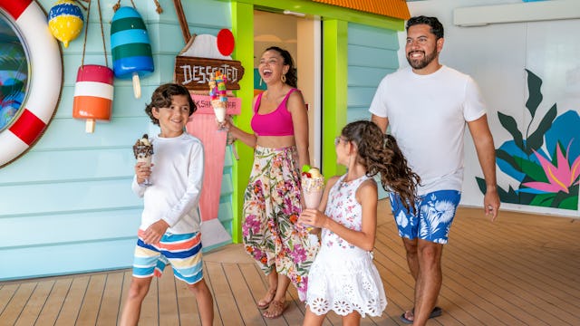 IC, Icon of the Seas, Family walking out of Desserted with tall milkshakes in hand, fun, sweets, treats, ice cream,