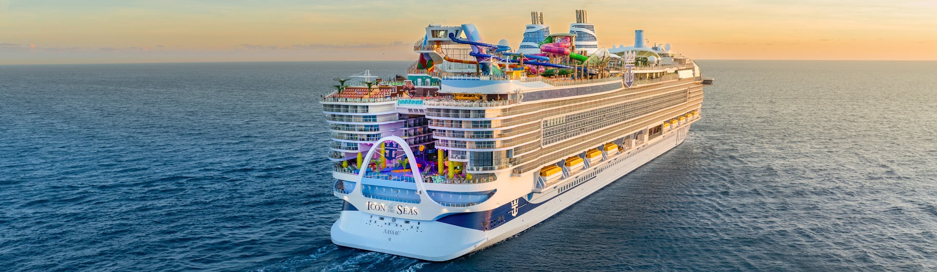 Ship sailing in open water, the Icon of the Seas.