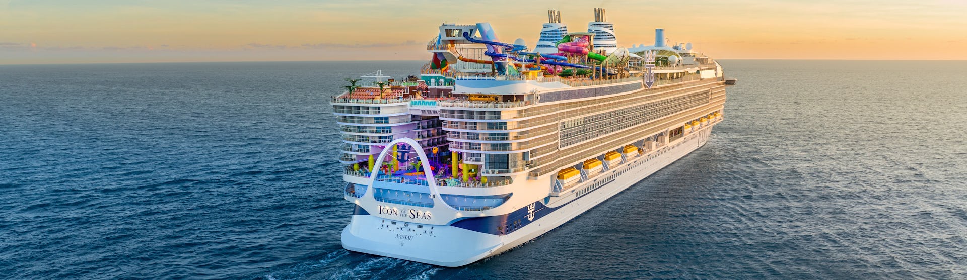 Ship sailing in open water, the Icon of the Seas.