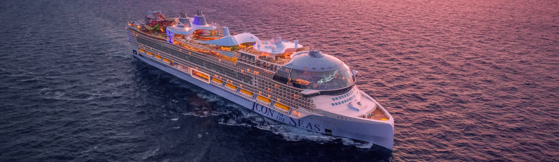 Ship sailing in open water, the Icon of the Seas.