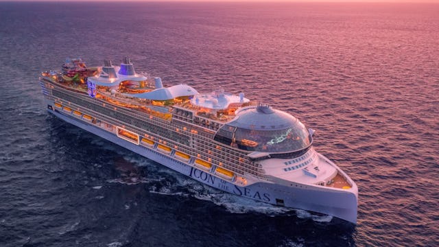 Ship sailing in open water, the Icon of the Seas.