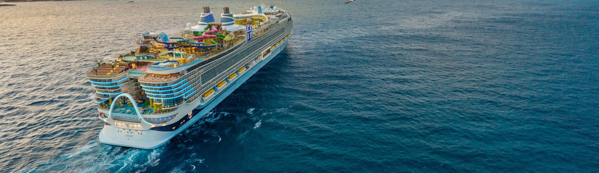 Ship sailing in open water, the Icon of the Seas.