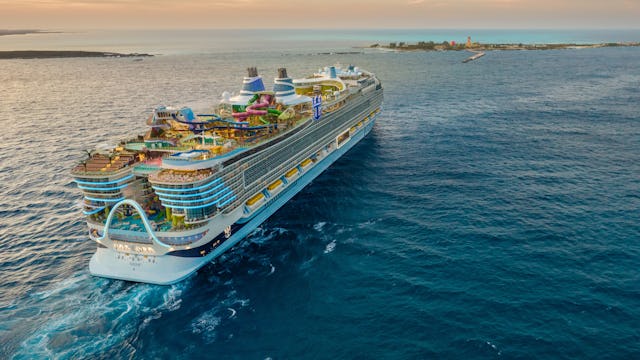 Ship sailing in open water, the Icon of the Seas.