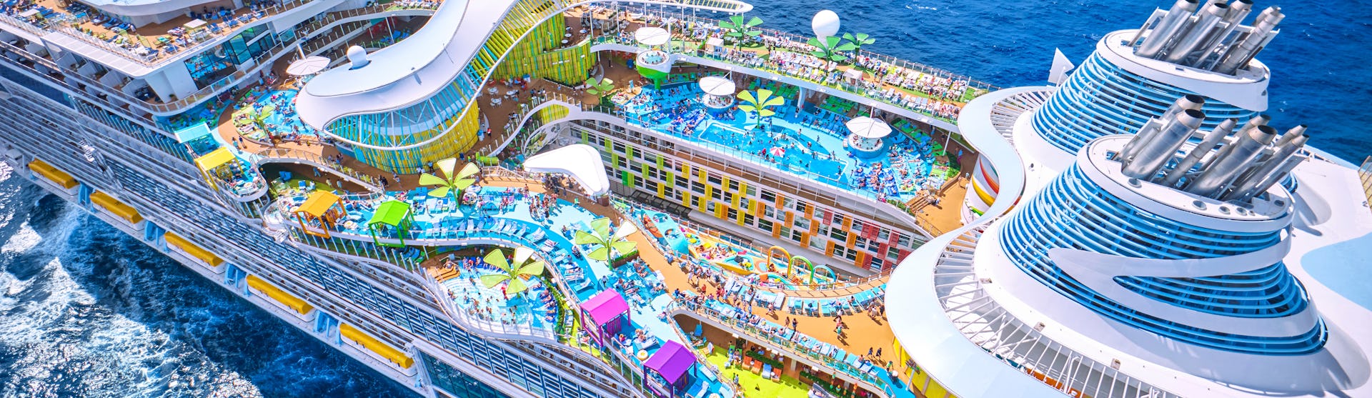 Top view from Icon of the Seas, with all the swimming pools displayed.