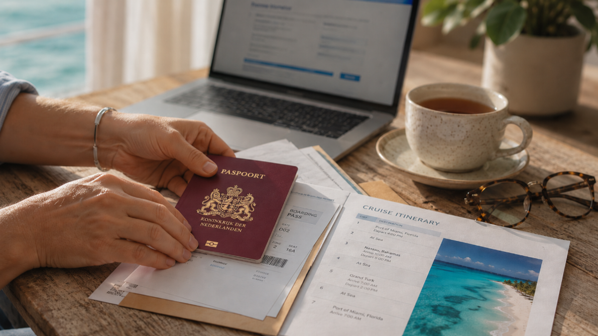 Handen leggen paspoort en reisdocumenten klaar bij een laptop voor de cruise voorbereiding