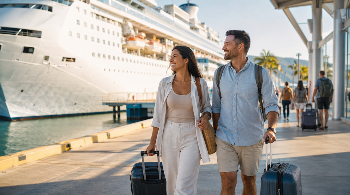 Reizigers verlaten met hun koffers het cruiseschip bij de ontscheping na de cruise