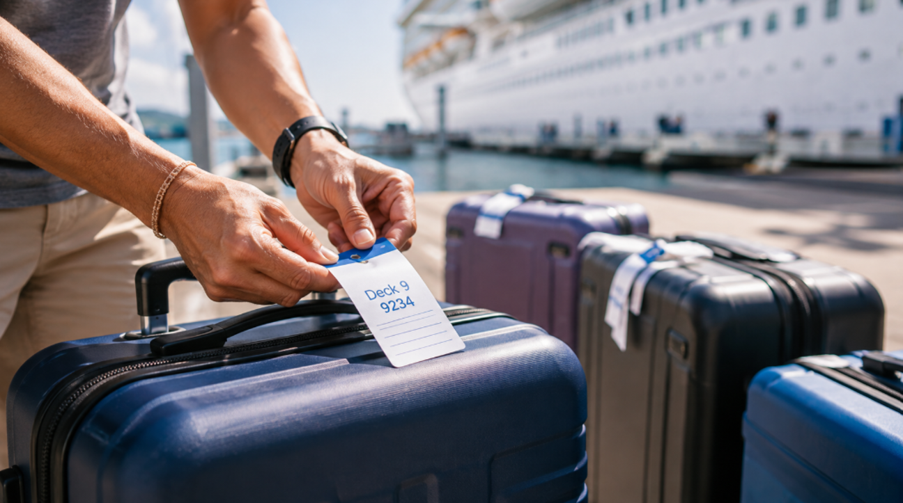 Handen bevestigen een bagagelabel met hutnummer aan een koffer op de kade bij de cruise