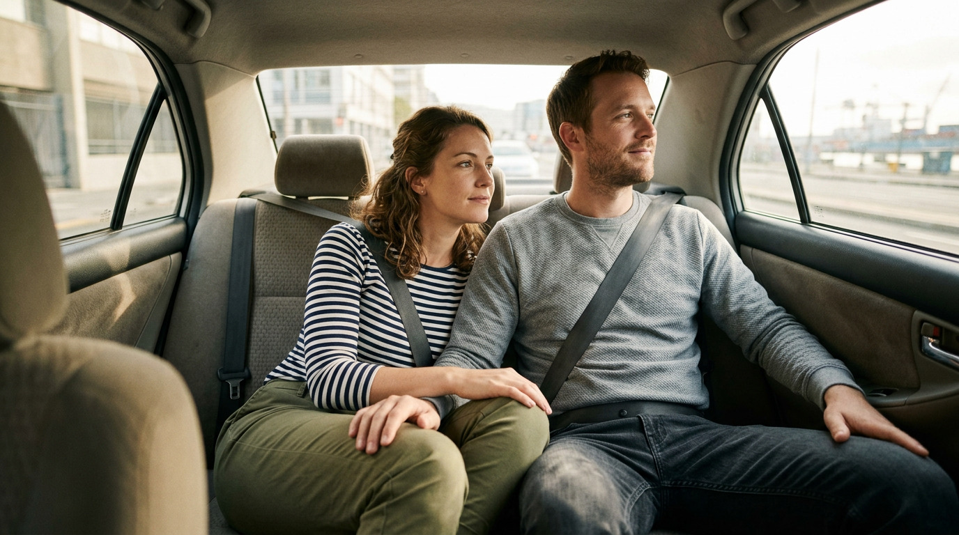 Stel zit ontspannen op de achterbank van een taxi op weg naar huis na een cruise, terwijl ze door het raam naar buiten kijken.