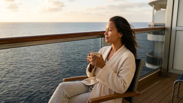 Vrouw drinkt koffie op het balkon van haar hut aan boord van een cruiseschip.