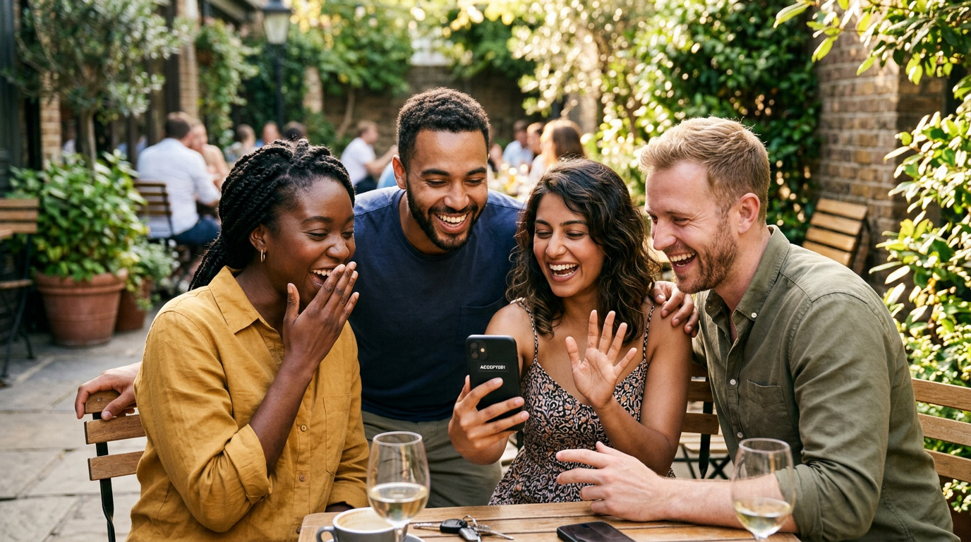 Vriendengroep zit gezellig op het terras en ontvangen op een telefoon de bevestiging van hun boeking.