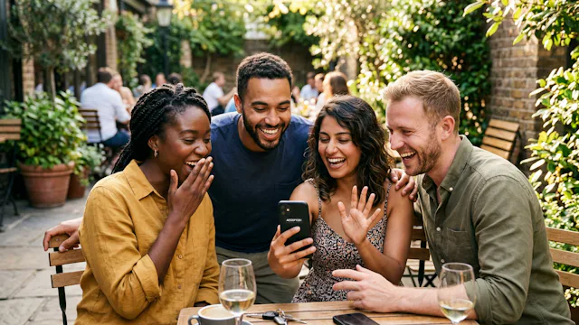 Vriendengroep zit gezellig op het terras en ontvangen op een telefoon de bevestiging van hun boeking.