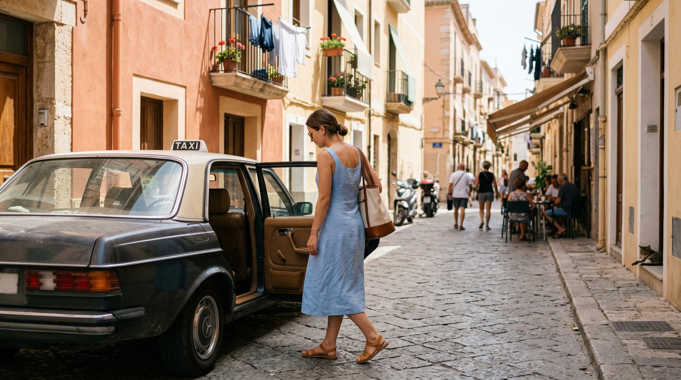 Vrouw in lichtblauwe jurk stapt in een taxi op een sfeervol, keisteenstraatje in een mediterrane havenstad, klaar om zelfstandig op ontdekkingstocht te gaan.