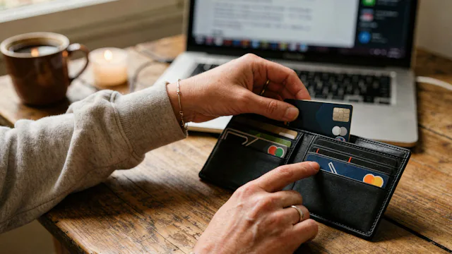 Close up van twee handen die een portemonnee met creditcards laten zien.