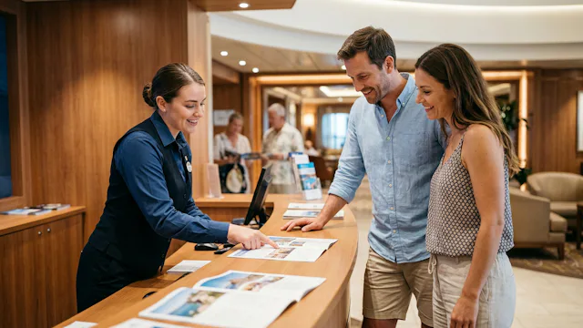 Vriendelijk cruisepersoneel achter de balie helpt een stel bij het bekijken van excursiemateriaal aan boord van een Royal Caribbean cruiseschip.