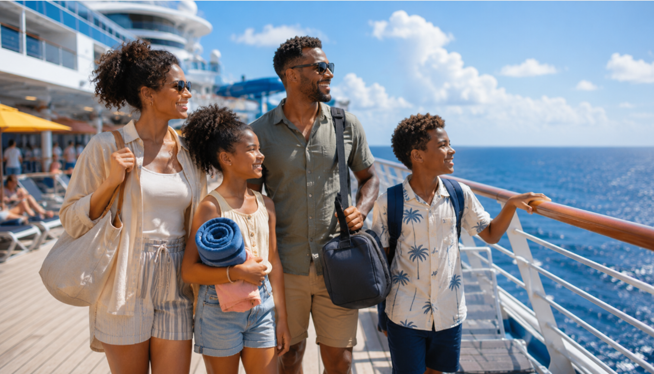 Gezin met handbagage op het dek van een cruiseschip tijdens de eerste uren aan boord