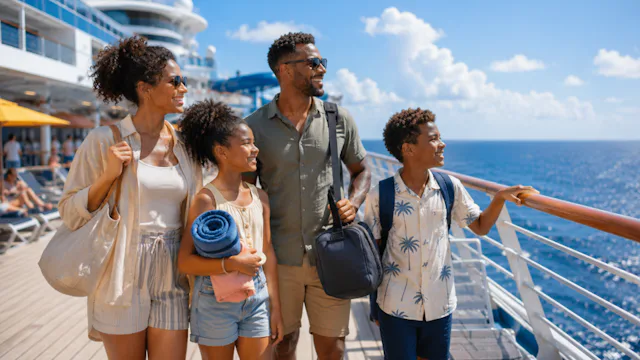 Gezin met handbagage op het dek van een cruiseschip tijdens de eerste uren aan boord